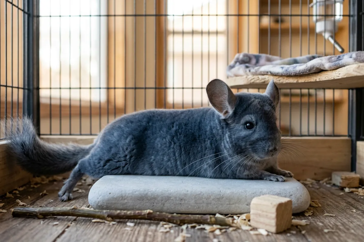 A chinchilla sapphire lying against a cooling stone to dump heat in a metal and wood cage