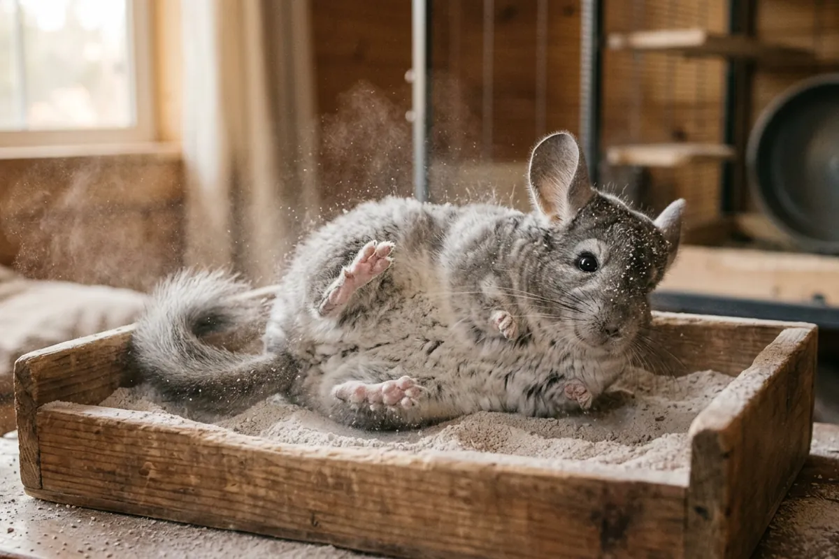 A silver chinchilla rolling in dust, showing the coat that gave the chinchilla silver persian its name.