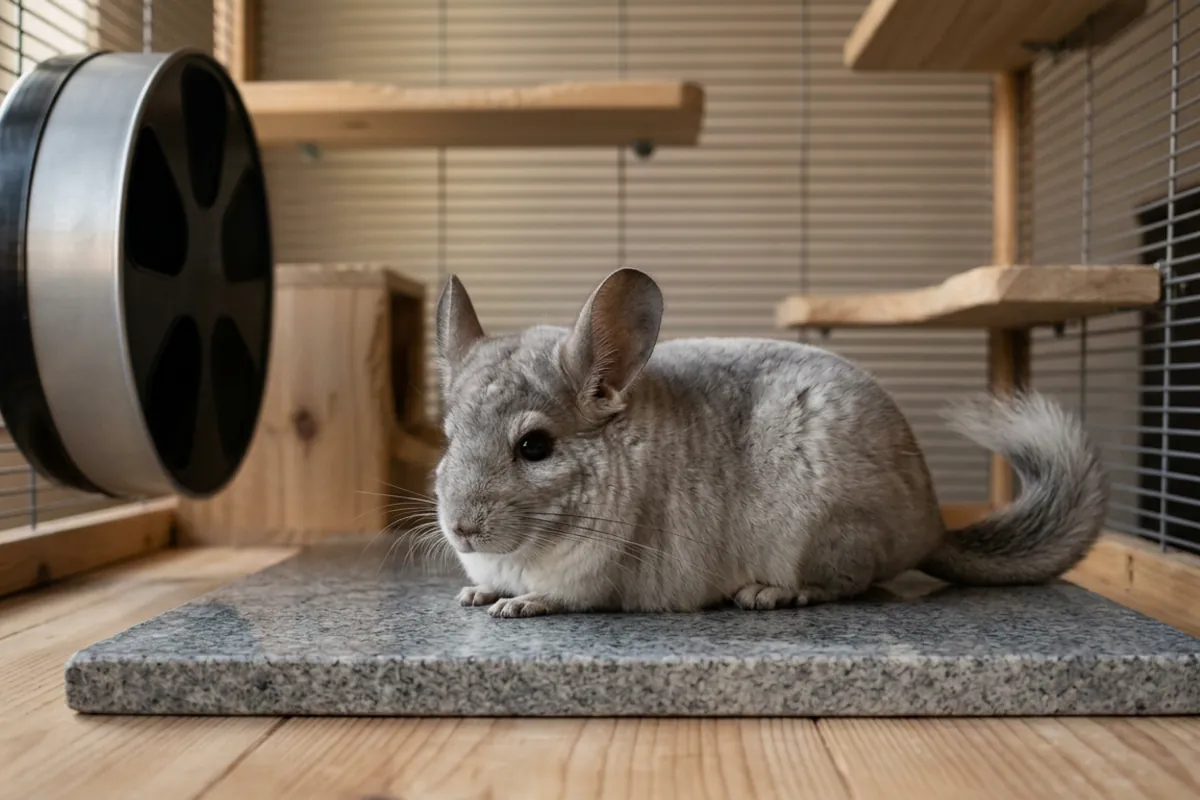 A silver-gray chinchilla cooling on a stone, the heat care a chinchilla silver persian search never mentions.