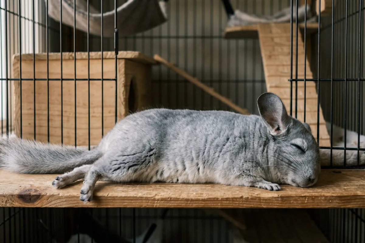 A relaxed chinchilla sleeping on its side with legs stretched out on a wooden ledge