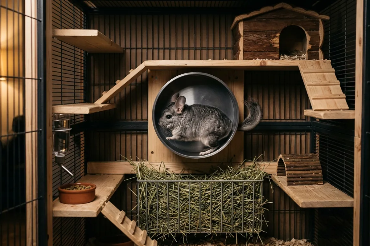 A chinchilla awake on a solid surface wheel at night after its daytime sleep