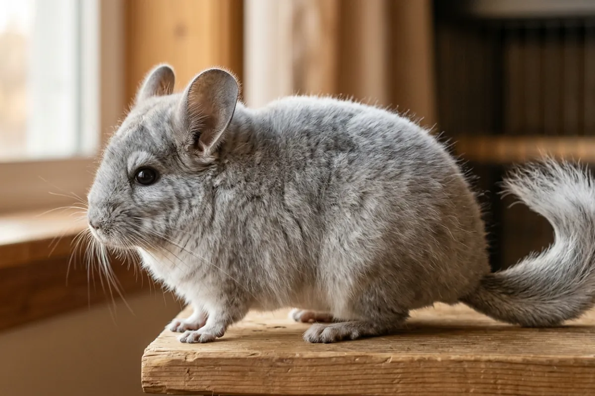A small chinchilla in profile, its slight body hidden under one of the densest coats of any land mammal.