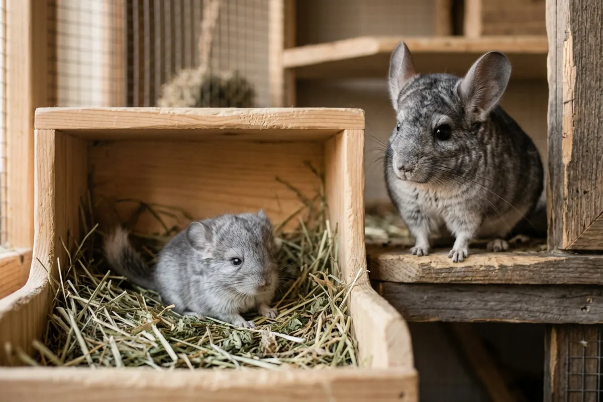 A newborn kit shows the smallest a chinchilla ever is, tiny and already furred beside an adult.
