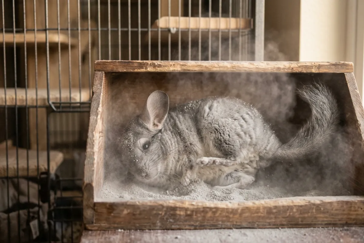 A chinchilla rolling in fine volcanic dust, the most common harmless cause of chinchilla sneezing