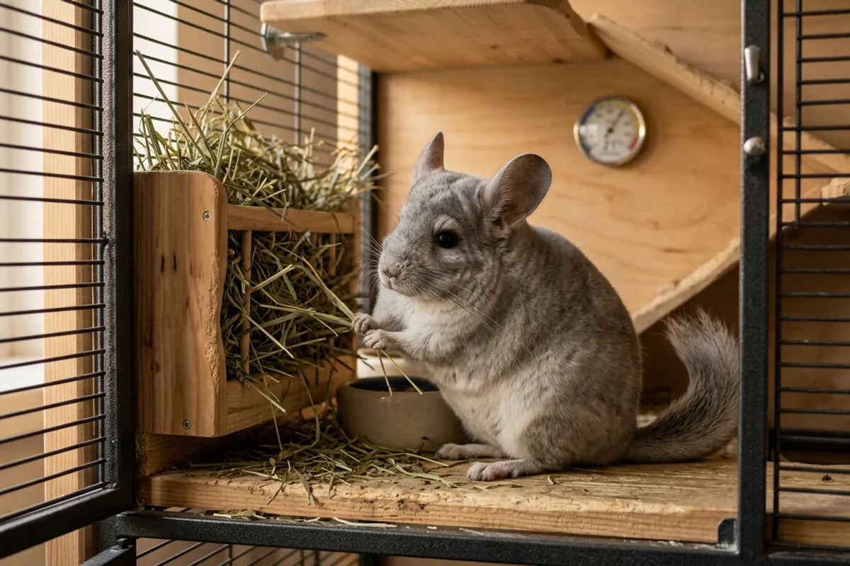 A chinchilla at a hay feeder with clean dry nostrils, the daily check I do when a chinchilla is sneezing