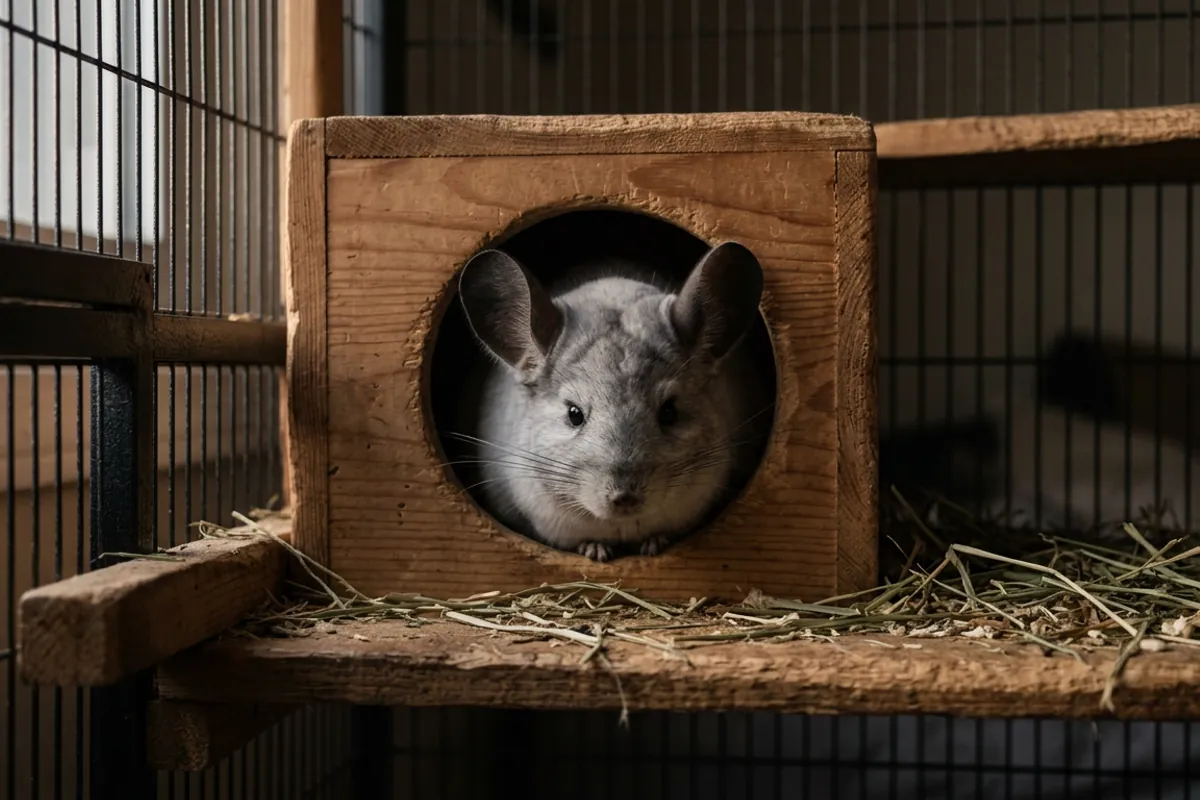 A chinchilla hiding inside a wooden house, one of the first signs of chinchilla stress owners notice