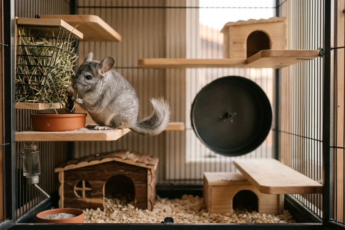 A tall metal and wood cage with hay, hides and a solid wheel, the setup that keeps chinchilla stress low