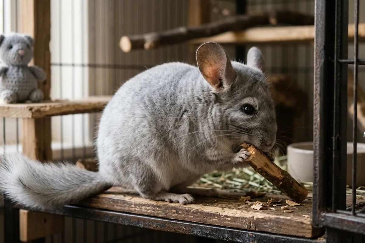 A real chinchilla chews safe apple wood while a chinchilla stuffed animal sits out of reach in the background