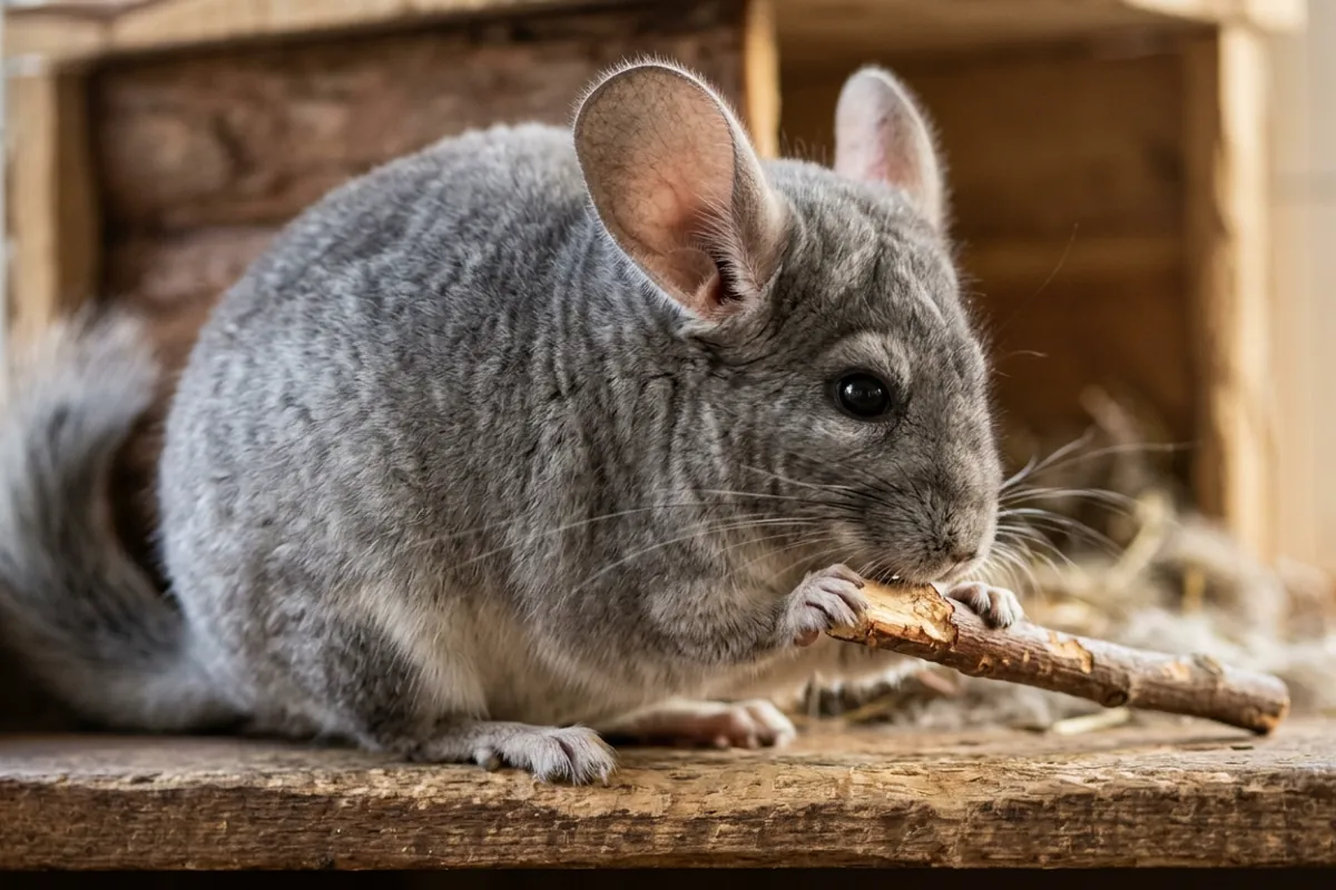 A real chinchilla chewing safe apple wood instead of a chinchilla stuffed toy