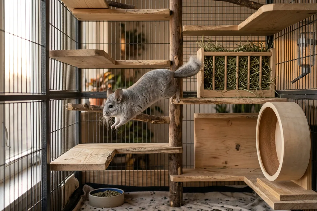 A well set up cage with real enrichment rather than a chinchilla stuffed toy inside