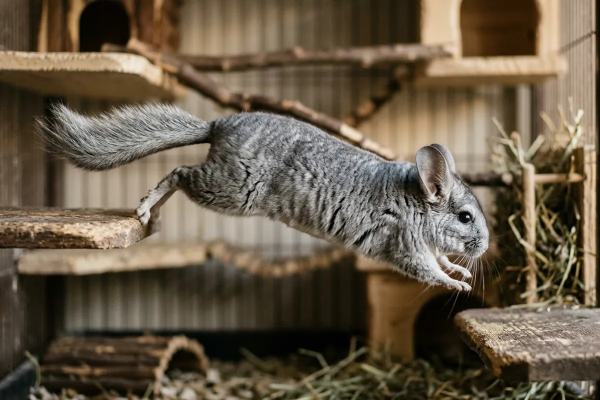 A chinchilla in mid leap between two wooden ledges with its chinchilla tail streaming out behind it for balance.