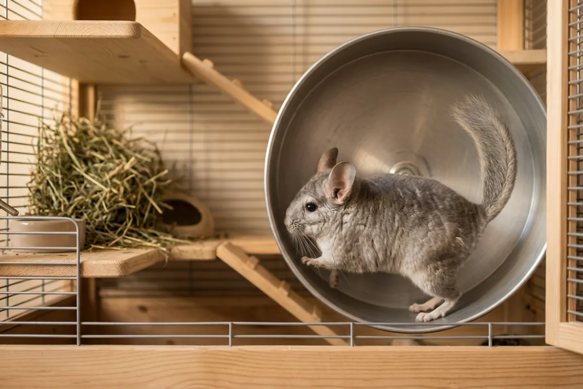A chinchilla running on a solid surface wheel with its chinchilla tail held clear of the running surface.