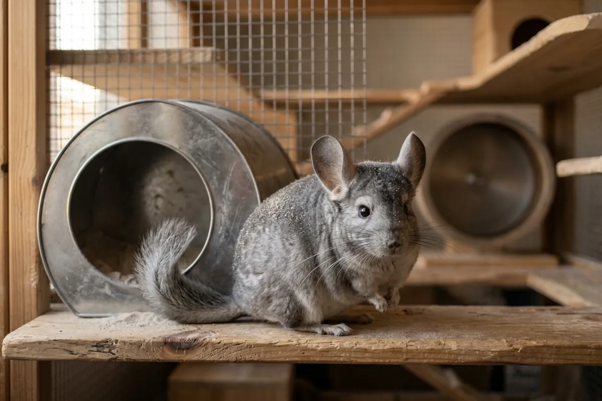 A chinchilla about to take a powder bath, perched at the opening of an enclosed dust bath house