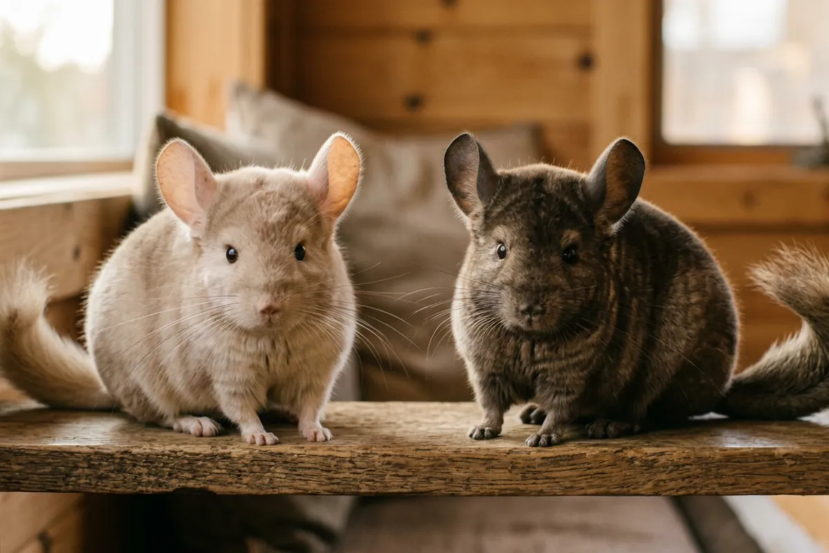 A light tan chinchilla beside a darker tan chinchilla showing how the shade varies