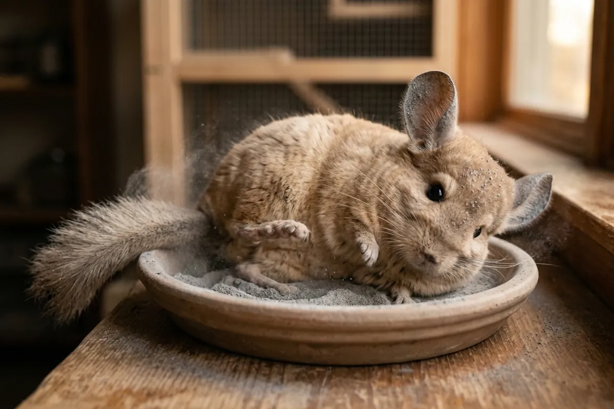 A tan chinchilla rolling in a bowl of fine dust to clean its warm sandy coat