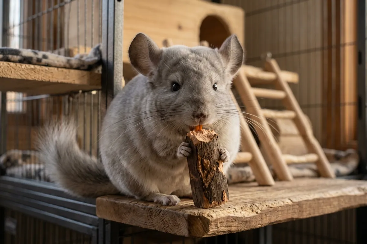 Chinchilla teeth that never stop growing being worn down on an apple-wood chew.