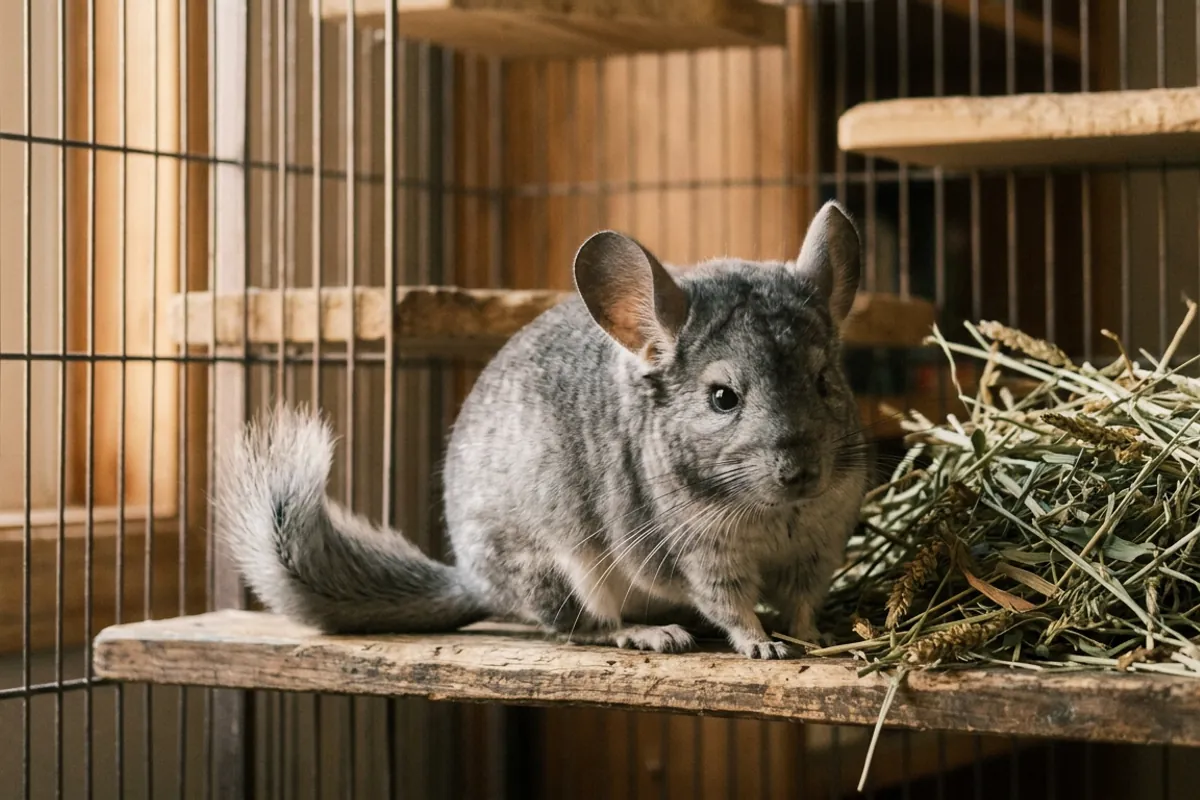 A chinchilla not eating hay, one sign of chinchilla teeth problems.
