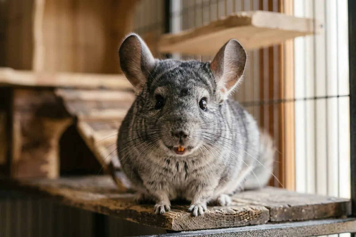 A close look at a chinchilla's healthy orange front teeth, the colour that shows chinchilla teeth are in good shape