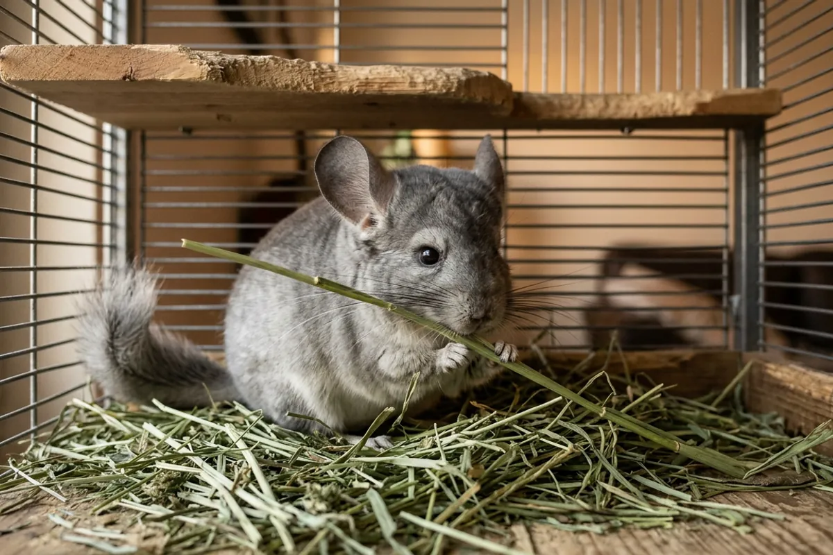 A chinchilla grinding a strand of timothy hay, the daily chewing that keeps chinchilla teeth worn down and healthy