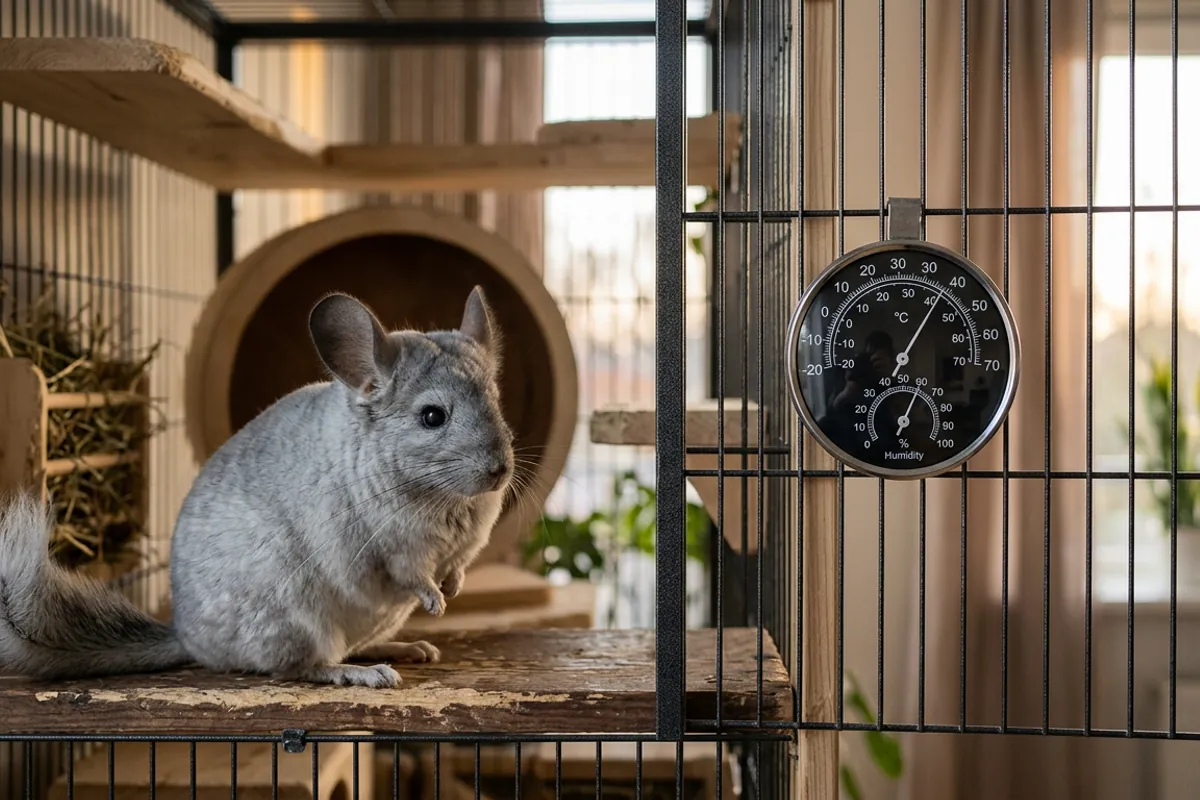 A cage thermometer and hygrometer mounted to track chinchilla temperature and humidity together