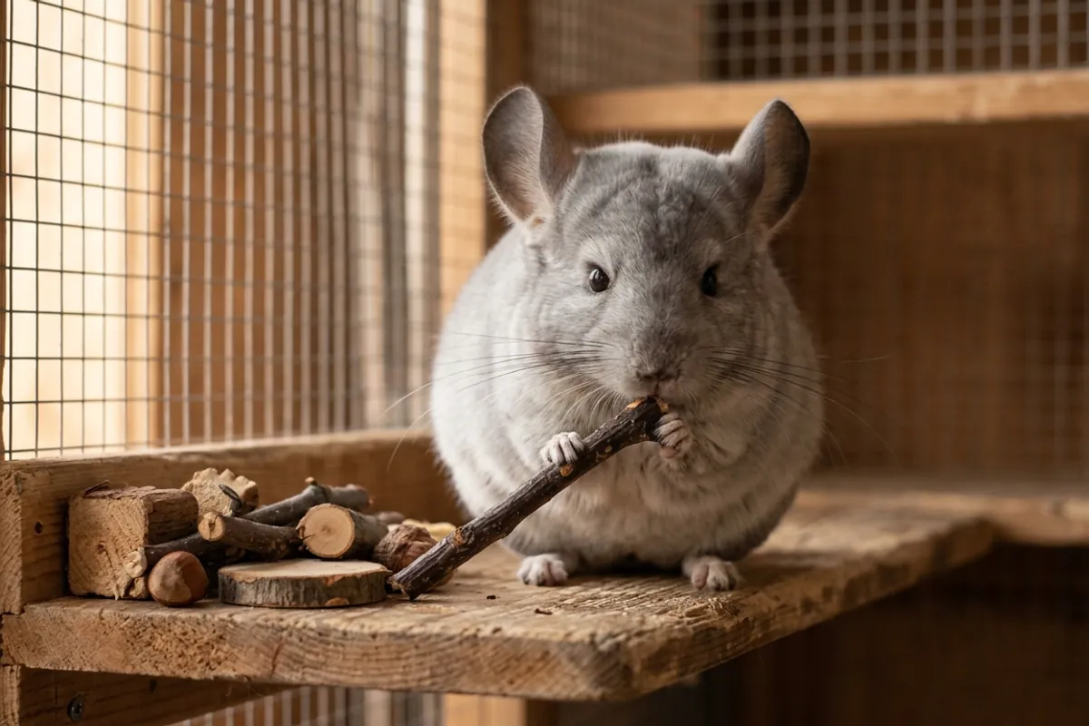 A chinchilla chewing on assorted wood chinchilla toys made from safe untreated apple wood