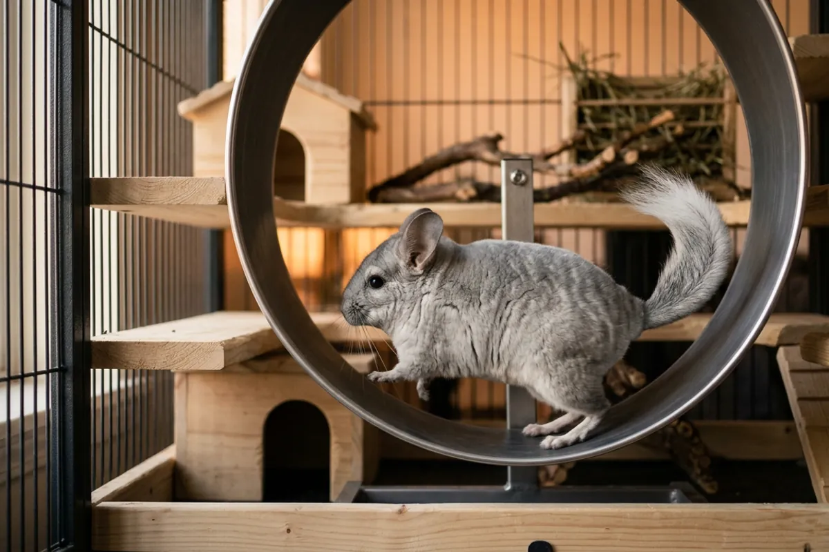 A chinchilla running on a solid-surface wheel, one of the safest chinchilla toys for exercise