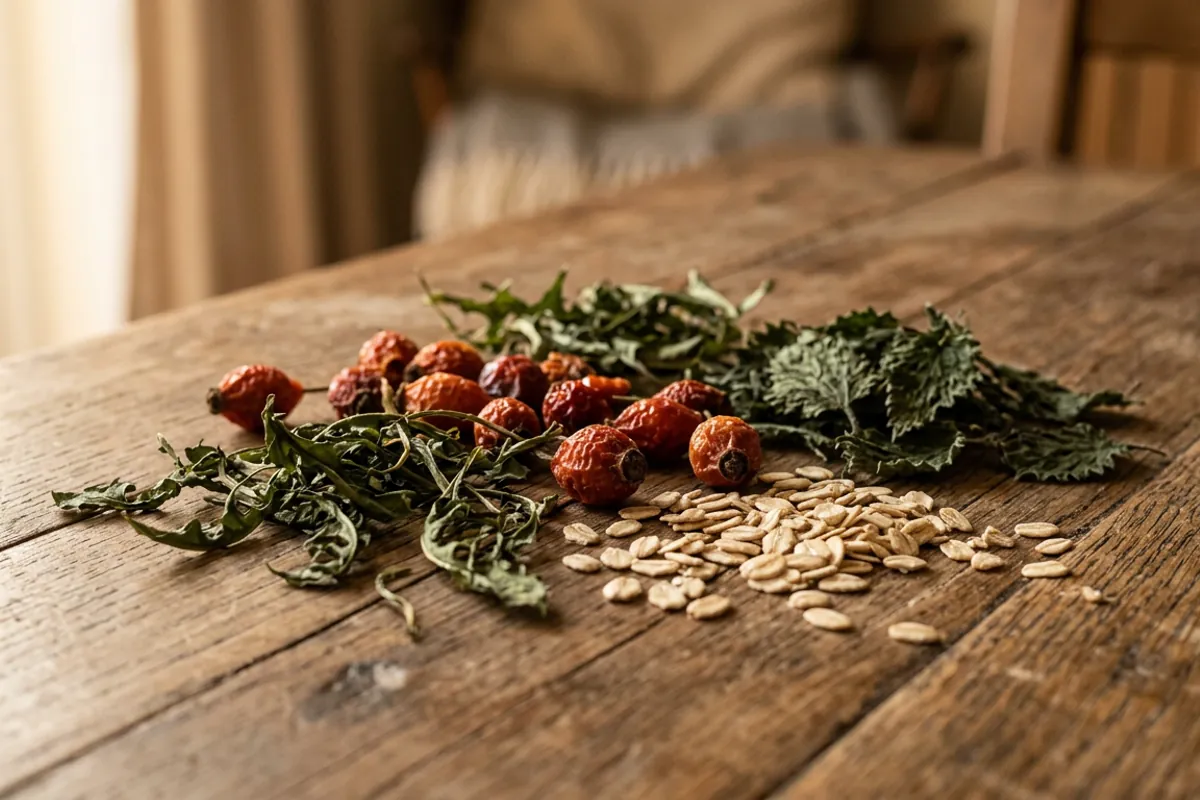 An assortment of dried rose hips, herbs, and oats that make up good chinchilla safe treats