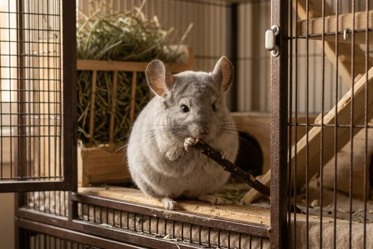 A chinchilla chewing apple wood, the kind of chinchilla treats and toys that wear teeth down safely