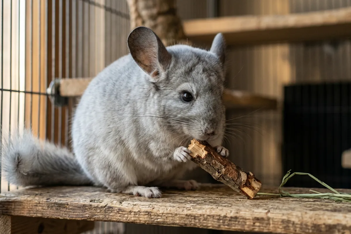 A chinchilla gnawing an apple wood chew, the daily tooth wear that keeps chinchilla vet dental visits rarer.