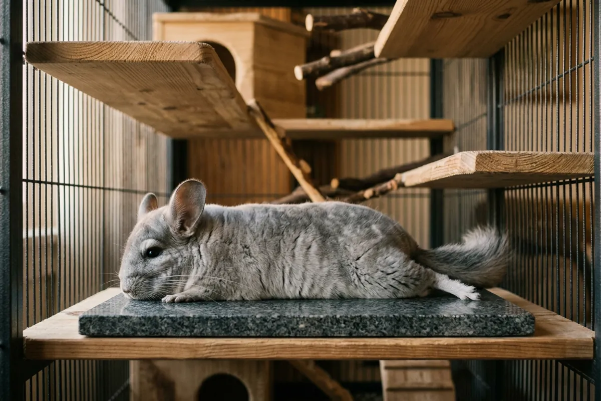 A chinchilla resting on a cooling stone, the kind of setup that helps prevent a chinchilla emergency vet trip in hot weather.