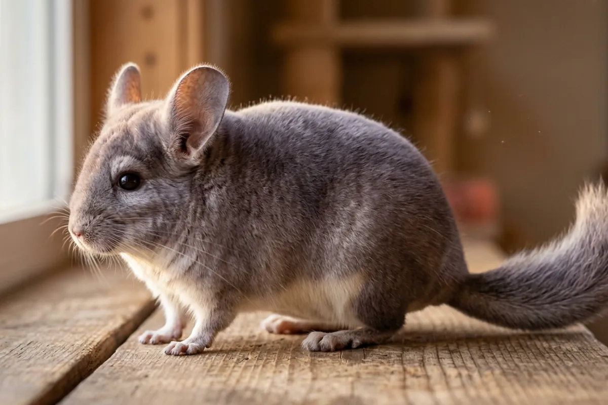Close view of a chinchilla violet showing the grayed lavender coat cast that defines the violet colour