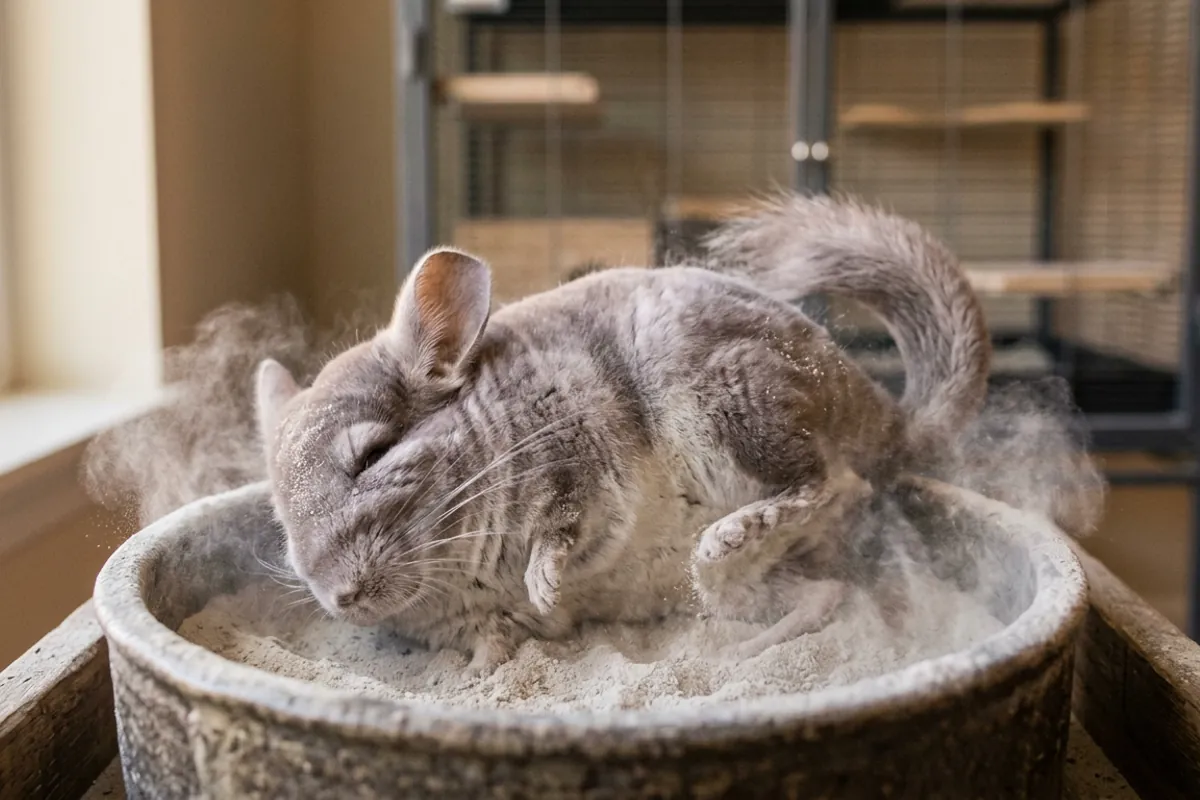 A chinchilla violet rolling in fine dust, keeping its lavender-gray coat clean the only safe way