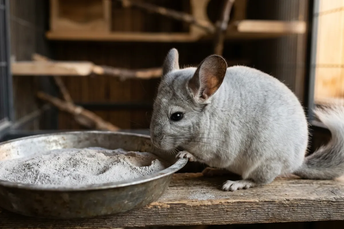Fine grey chinchilla volcanic dust in a metal dish with a chinchilla sniffing at the edge.