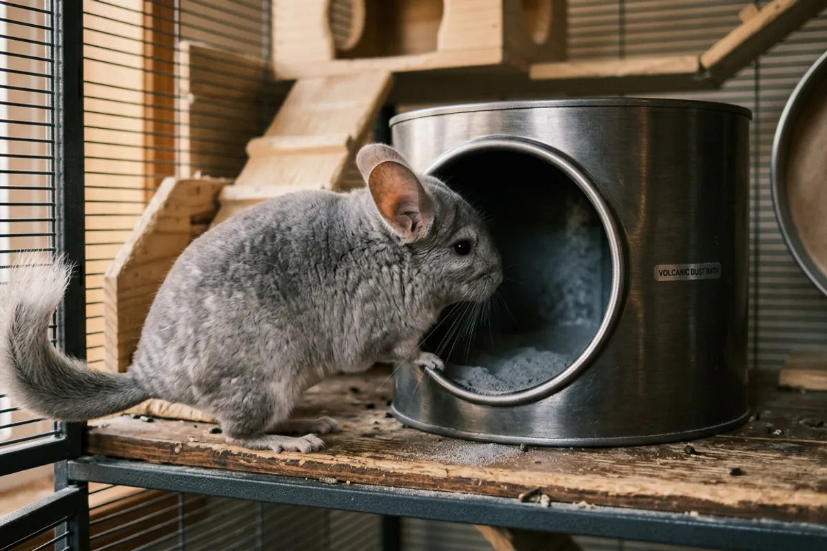 A chinchilla entering an enclosed dust bath house filled with volcanic dust on a wooden cage ledge.