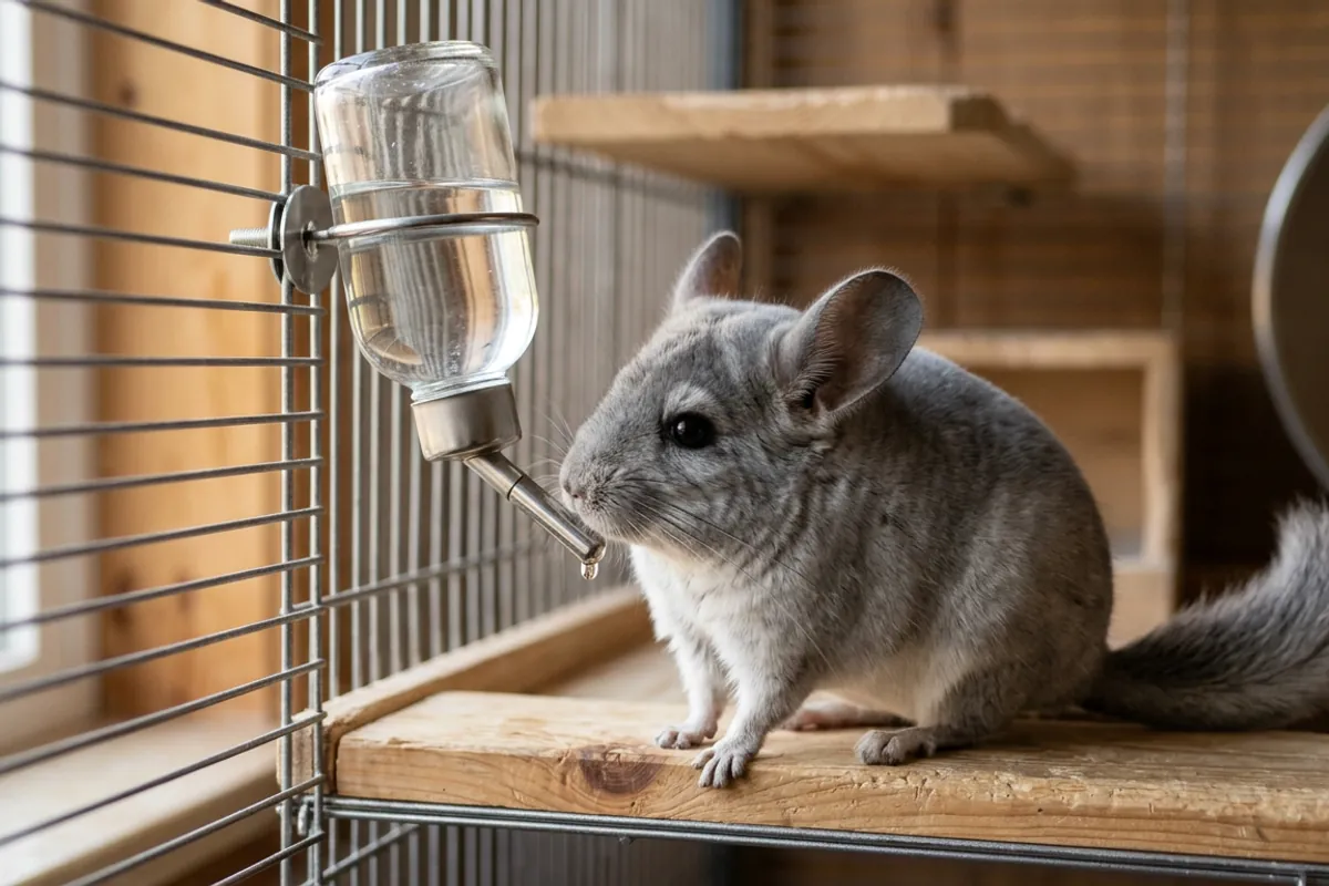 A close look at the stainless steel spout of the best chinchilla water bottle mounted on a metal cage