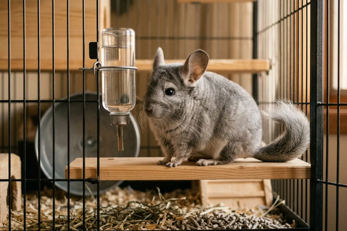 A chinchilla positioned at the correct height beside its chinchilla water bottle on a wooden ledge
