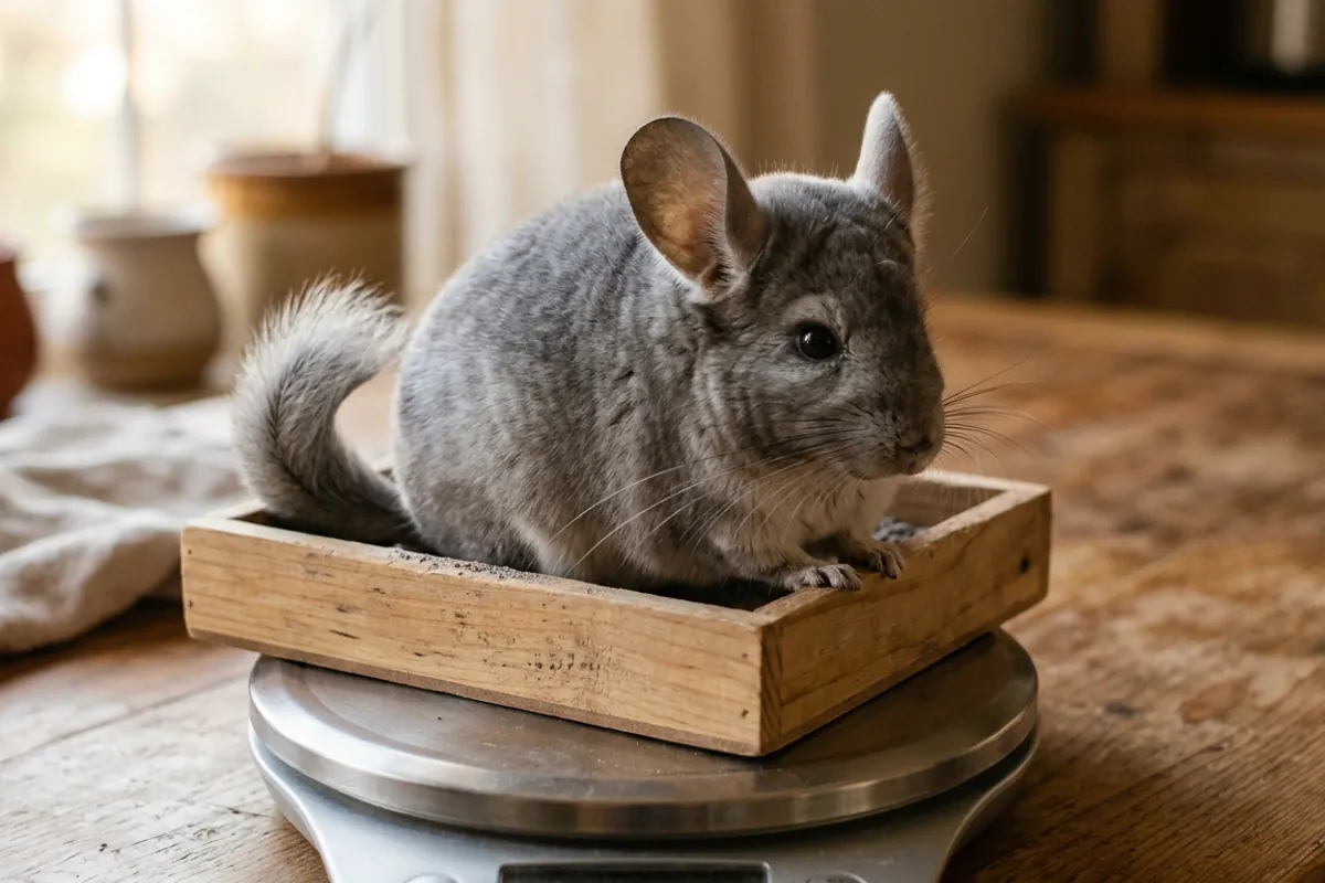 A chinchilla sitting calmly in a wooden box on a kitchen scale platform for a weekly chinchilla weight check