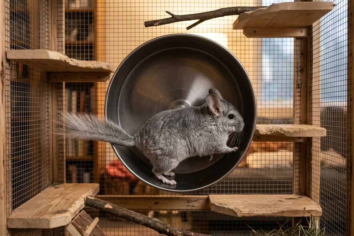 A chinchilla running on a solid surface wheel, the kind of movement that helps keep chinchilla weight steady