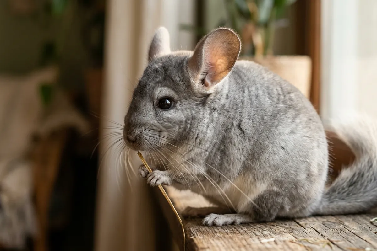 A healthy chinchilla with a clean dry chin, the opposite of the wet chin that signals a teeth problem