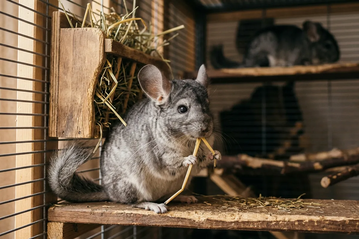 A chinchilla grinding on timothy hay, the daily tooth wear that keeps a chinchilla from getting a wet drooling chin