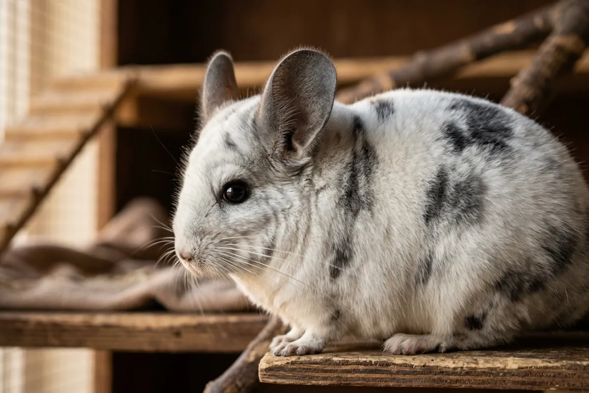 Close view of a white mosaic chinchilla coat, grey patches marbling the dense white fur.