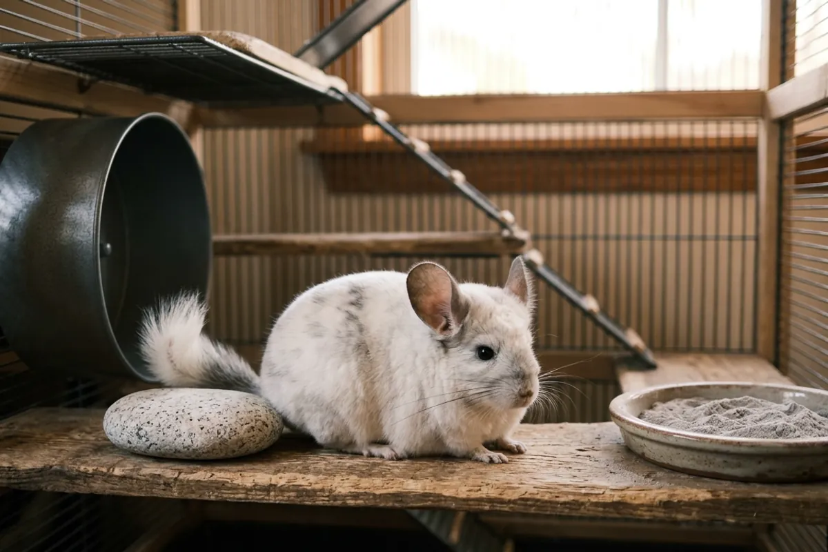 A white mosaic chinchilla next to a cooling stone and a dish of volcanic dust in its cage.