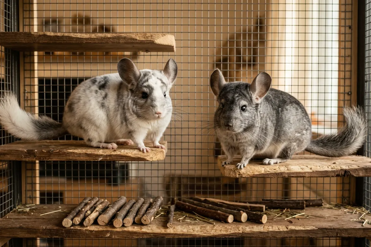 A white and grey mosaic chinchilla beside a standard grey chinchilla on wooden ledges