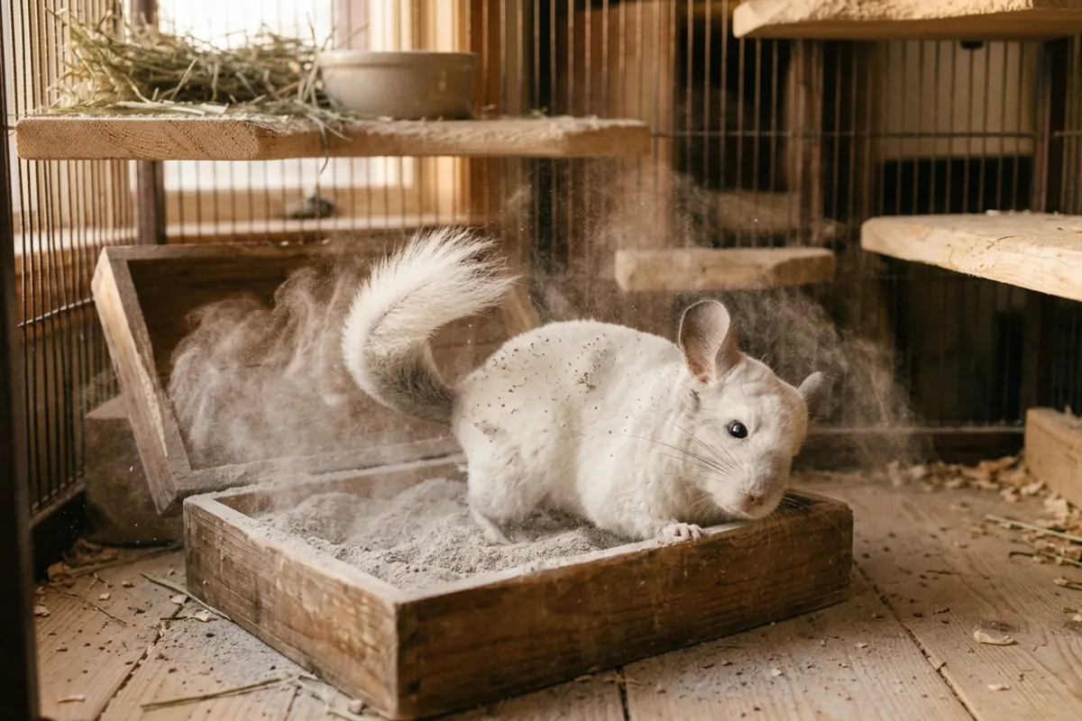 A white chinchilla rolling in fine volcanic pumice dust inside a wooden bath house