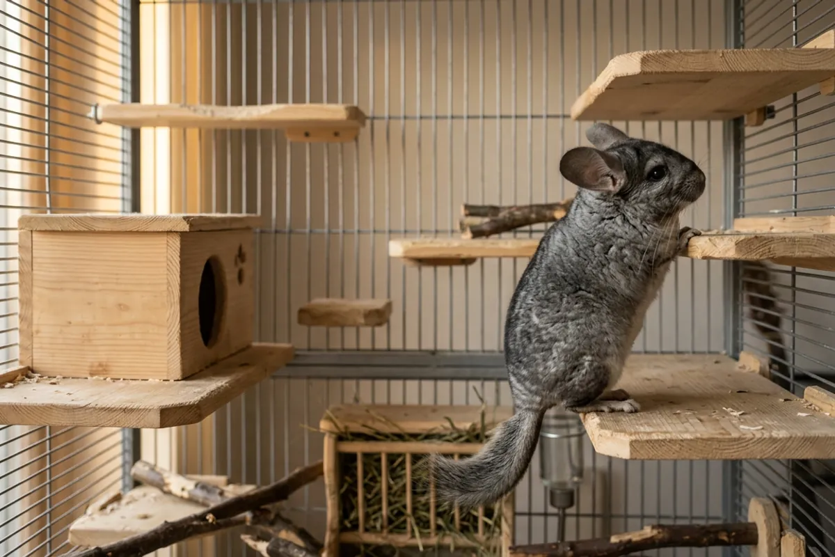 A chinchilla climbing between wooden shelves near its chinchilla wooden house in a tall metal cage