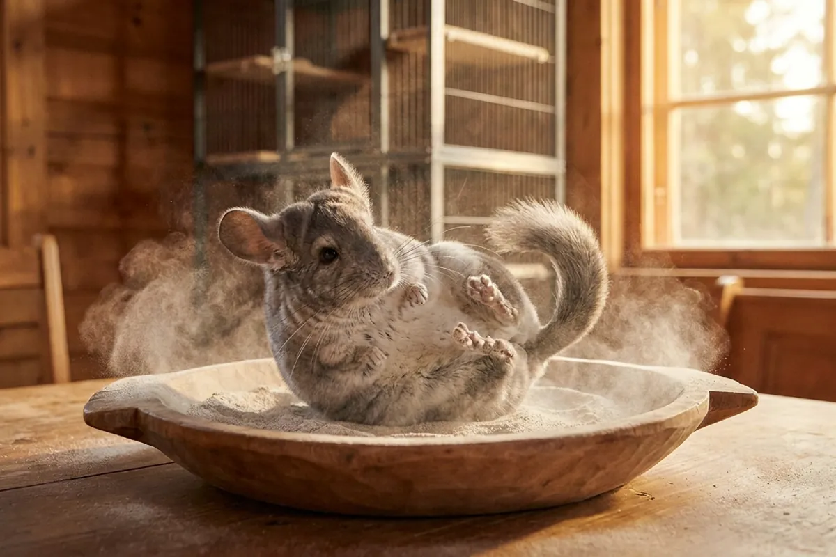 A chinchilla rolling in a bowl of fine pumice dust, the only kind of bath a chinchilla should ever take.