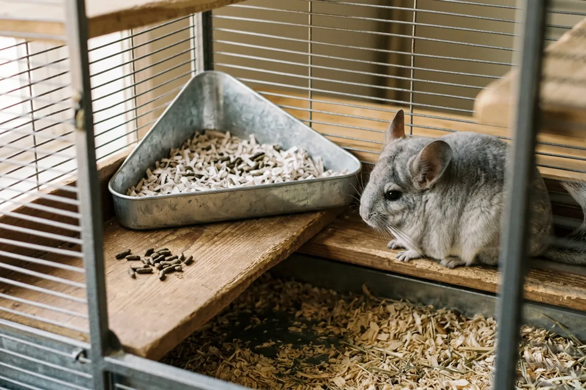 A litter pan and swept wooden ledge during a daily clean of a chinchilla cage