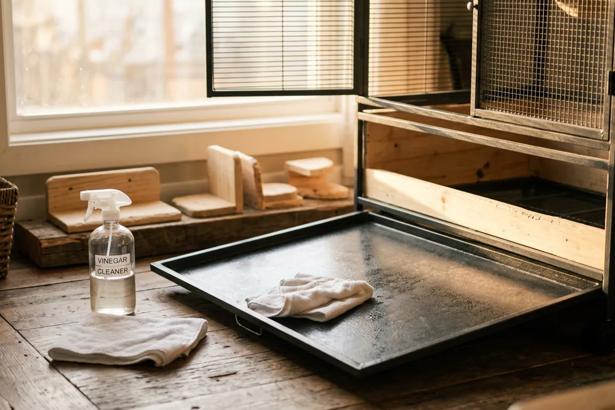 Simple vinegar and cloth used to clean a chinchilla cage tray during a deep clean