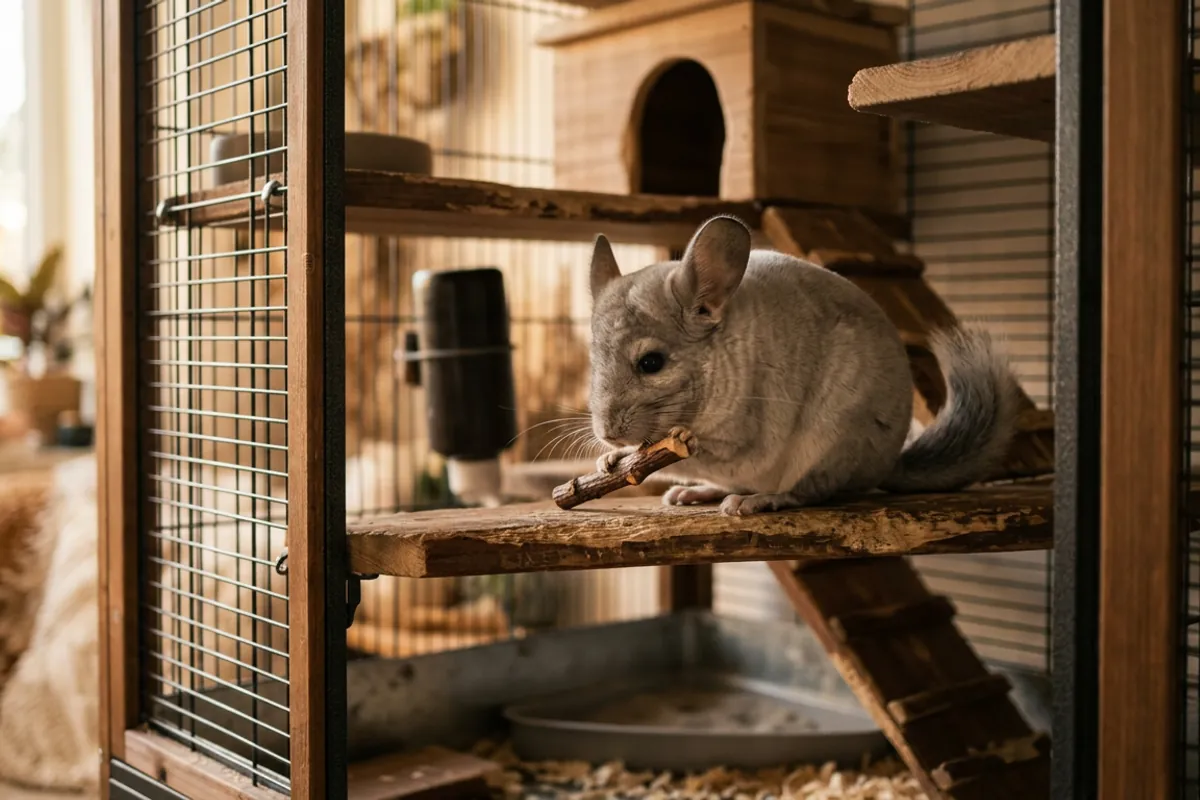 A chinchilla chewing apple wood inside a critter nation chinchilla cage furnished with wooden ledges instead of plastic
