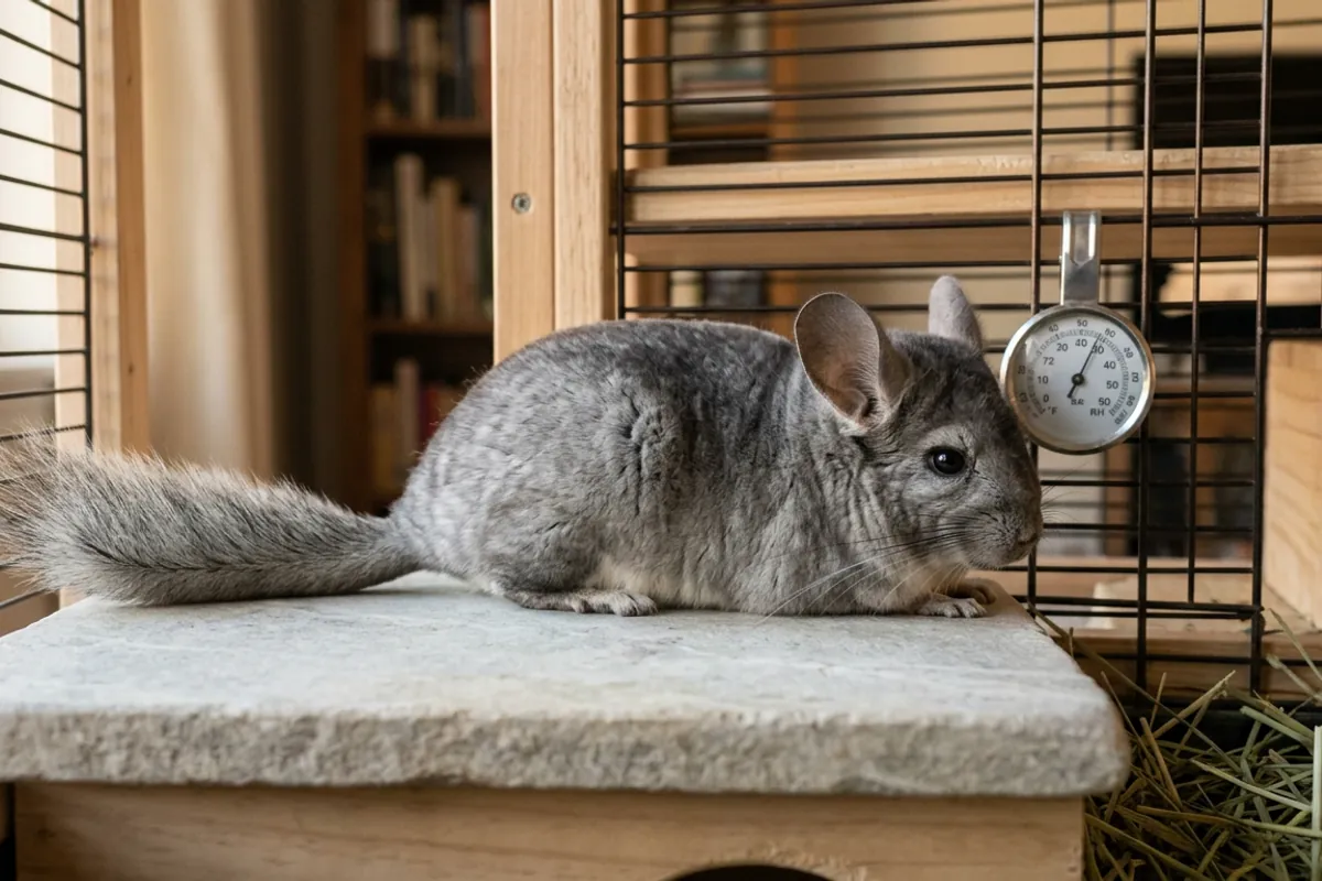 A chinchilla resting on a cooling stone inside a critter nation cage chinchilla setup with a thermometer on the bars